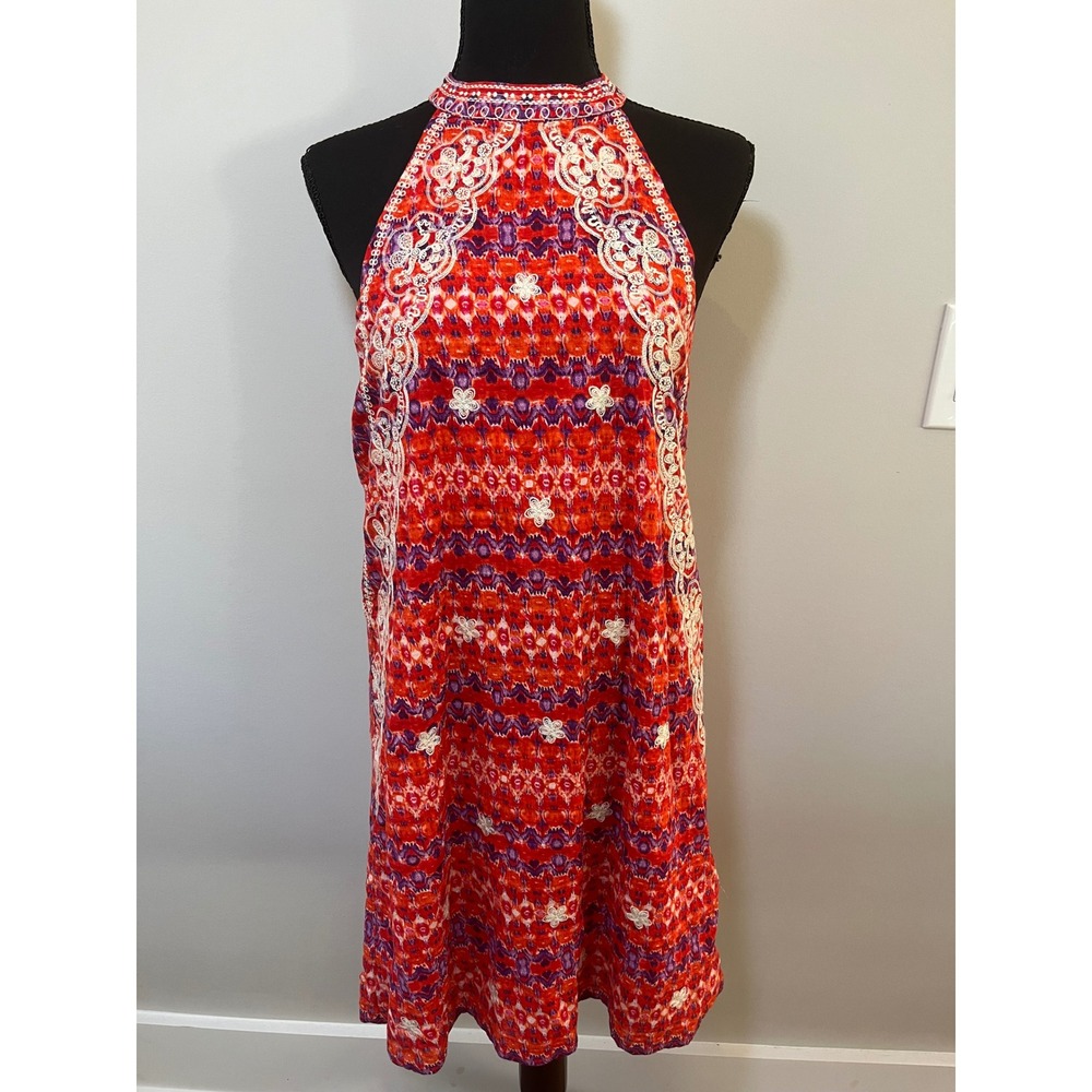 THML Orange Purple Ikat Embroidered Halter Shift Dress Small Boho NEW